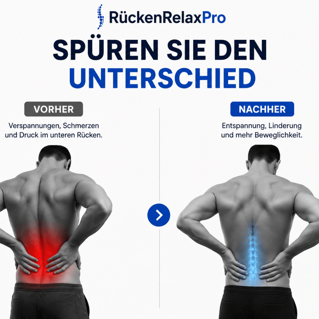 Frau mit Rückenschmerzen vorher und entspannt nachher mit dem RückenRelaxPro Rückentherapiegerät