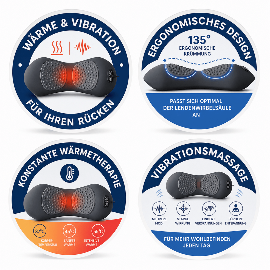 RückenRelaxPro mit Wärmetherapie, Vibrationsmassage und ergonomischem 135-Grad-Design für die Lendenwirbelsäule