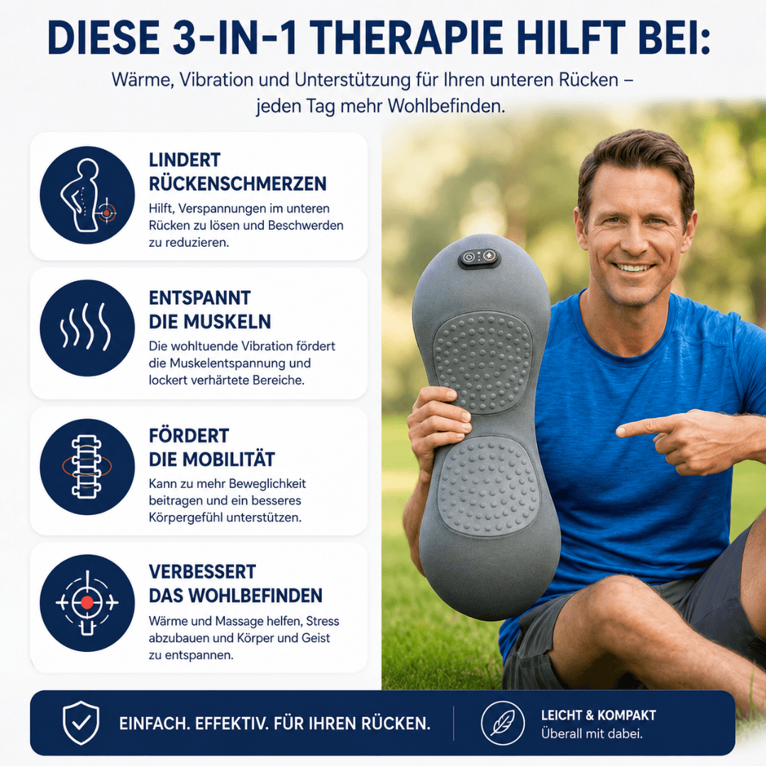 Diese 3-in-1 Therapie hilft bei Rückenschmerzen – Mann hält RückenRelaxPro Massagegerät
