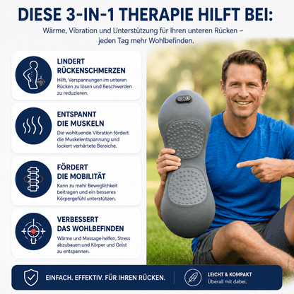 Diese 3-in-1 Therapie hilft bei Rückenschmerzen – Mann hält RückenRelaxPro Massagegerät